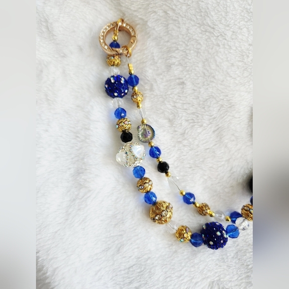 Elegant Blue and Gold Floral Bag Charm Chain - Picture 2 of 5